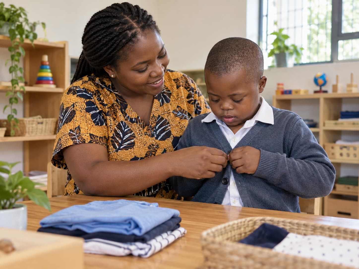 Une éducatrice du centre ANLE accompagne un enfant dans l'apprentissage de l'autonomie