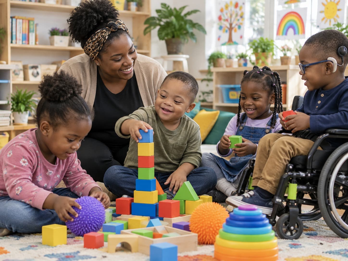 Une éducatrice du centre ANLE joue avec un groupe d'enfants à besoins spécifiques